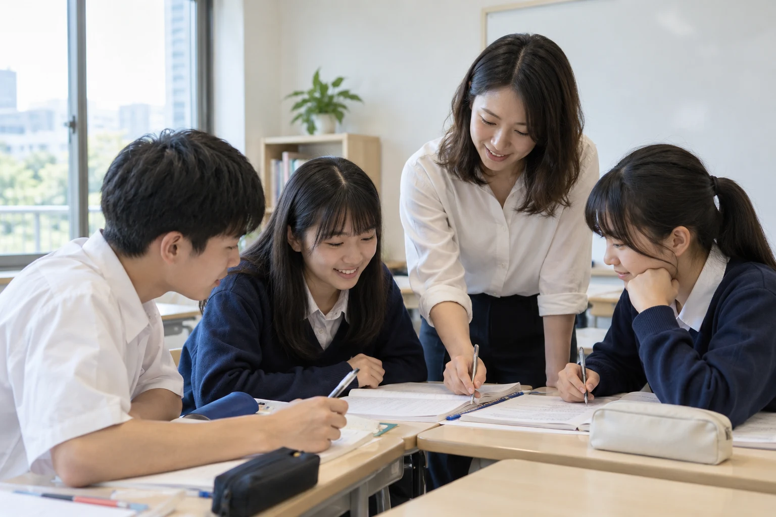 老師在明亮的補習班教室協助學生一起學習